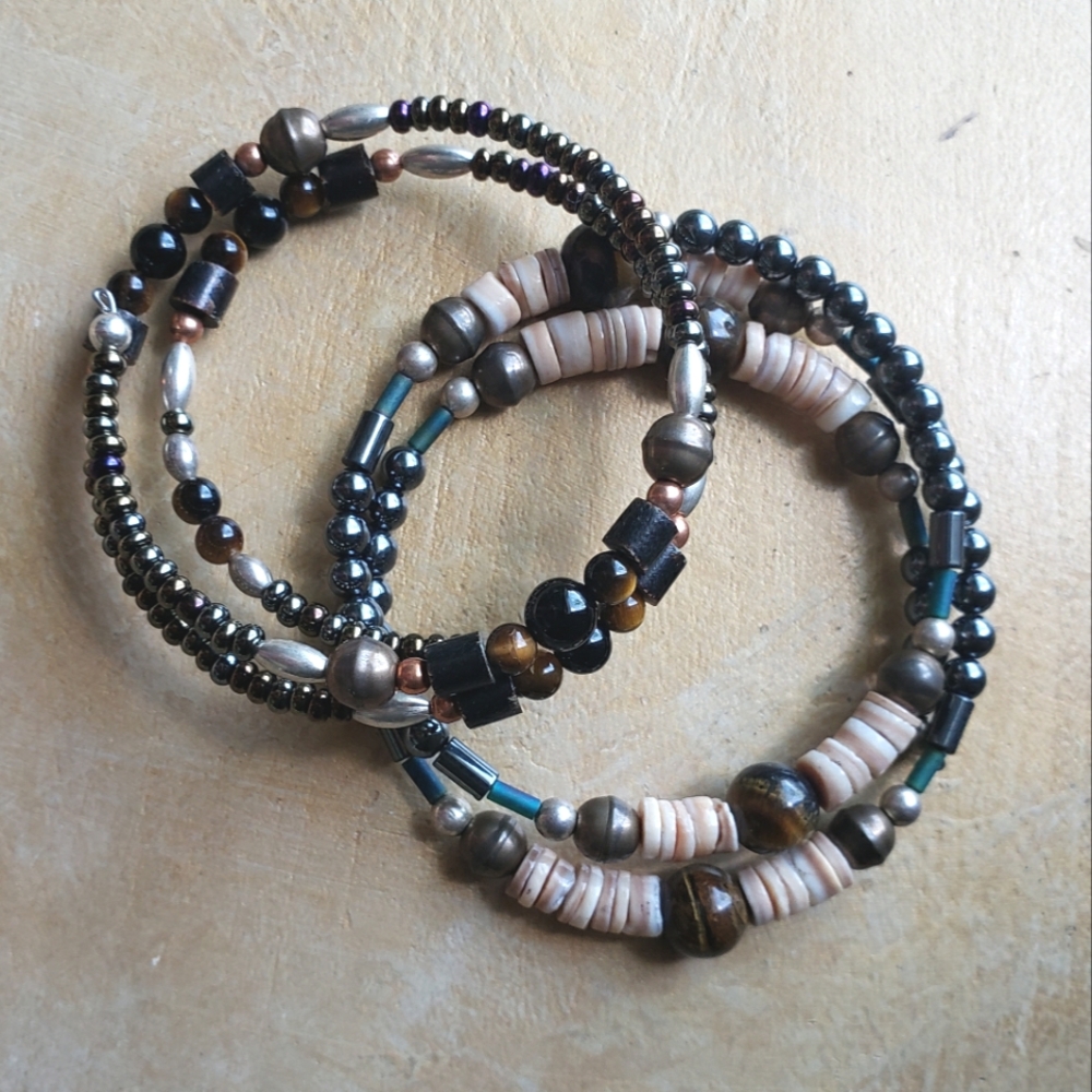 Two Bracelets With Tiger Eye, Brass, Silver, Garnets And Black Coral